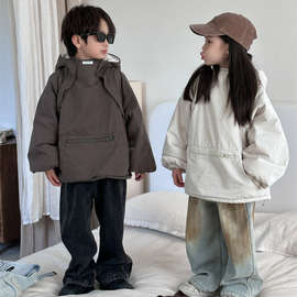 男童女童外套小男孩加绒工装上衣儿童2023新款加厚羊羔毛连帽风衣
