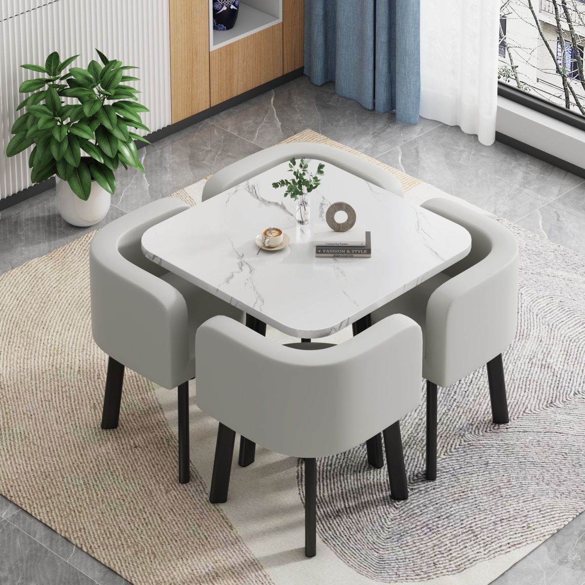 White square table + four chairs light gray leather chairs