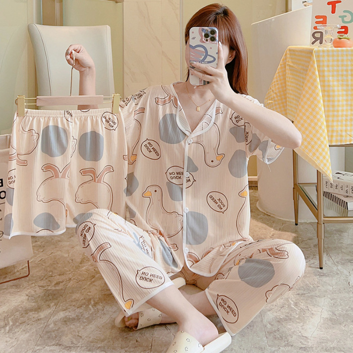 Nuevo estilo pijamas traje de tres piezas de las mujeres pijamas de estilo coreano de verano dulce ins estilo desgaste para el hogar conjunto de tres piezas entrega de una pieza