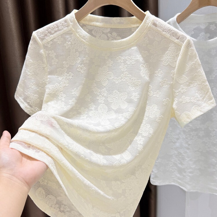 Paired with an Embroidered Chinese-Style Vest, a Lace Short-Sleeved T-Shirt for Women, Summer New Chinese-Style Apricot Jacquard Mesh Top