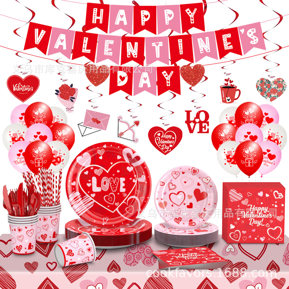2025 Día de San Valentín decoración de la fiesta amor rojo bandeja de papel desechable taza de papel toalla set de cubiertos de fiesta