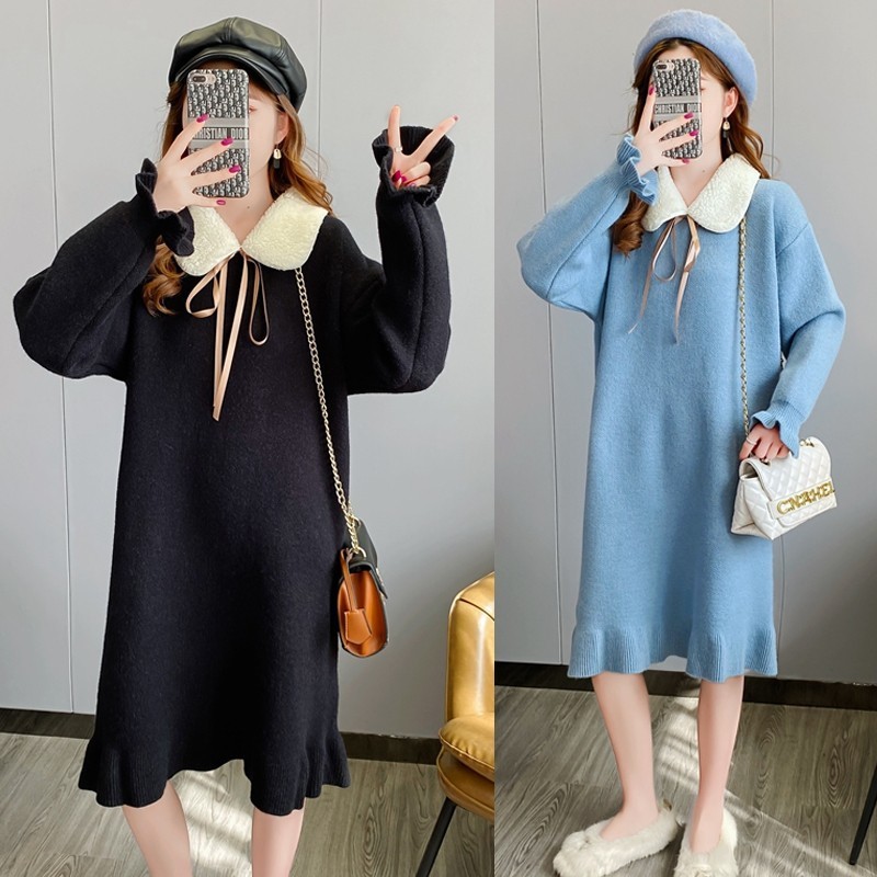 서양식 임산부복 가을 겨울 드레스 정장 유행 새로운 가을 겨울 두꺼운 스웨터 상의 중간 및 긴 스타일 트렌디