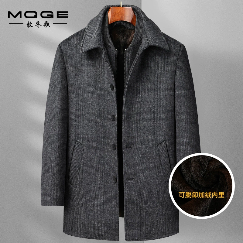 Осенне-зимнее Новое мужское шерстяное пальто средней длины на флисовой подкладке Клетчатое съемное шерстяное пальто с двойным воротником, мужское пальто