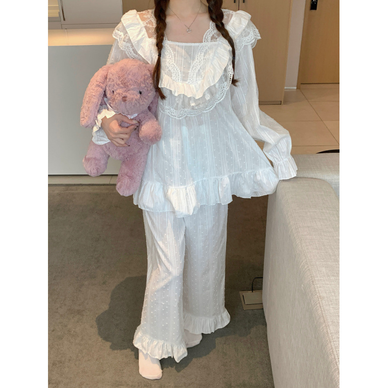 韩国ins女士新韩版甜美蕾丝提花宫廷风V领秋季长袖长裤外穿家居服|undefined