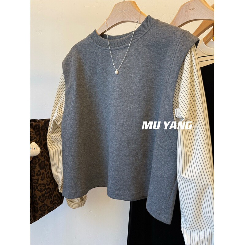Lazy Weekend~Vertical Shirt Sleeves Splicing Casual Round Neck Sweatshirt for Women 2025 Autumn and Winter Loose Top Lazy Weekend~Vertical Shirt Sleeves Splicing Casual Round Neck Sweatshirt for Women 2025 Autumn and Winter Loose Top
