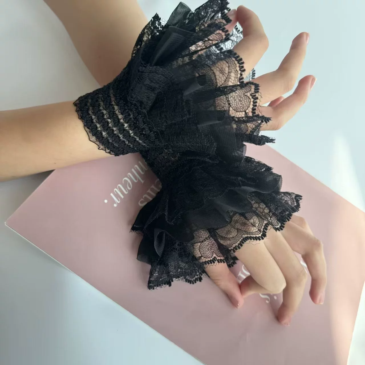 Короткие кружевные манжеты для запястья, аксессуары Lolita, японский soft-girl стиль, T13 чёрный/белый