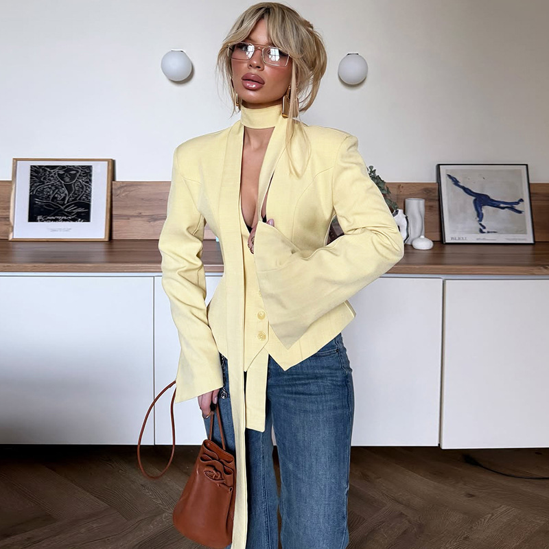 Amazon Women's Clothing 2025 Autumn New Fashionable Cardigan Button Small Suit Slim Solid Color Jacket Wholesale Amazon Women's Clothing 2025 Autumn New Fashionable Cardigan Button Small Suit Slim Solid Color Jacket Wholesale