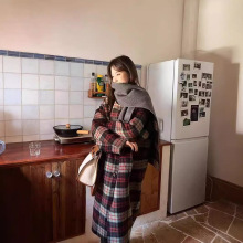 秋冬围巾两面穿韩系宽松格纹灰慵懒气质双面羊毛呢女大衣外套长款