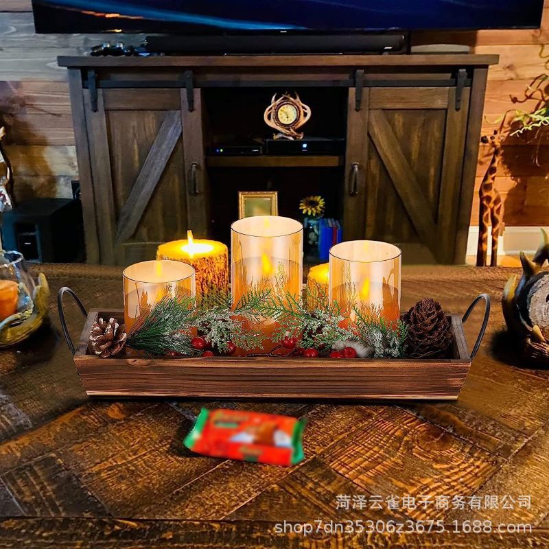 木质收纳托盘派对蜡烛盘铁艺手柄木盒餐桌圣诞节装饰家居摆件跨境
