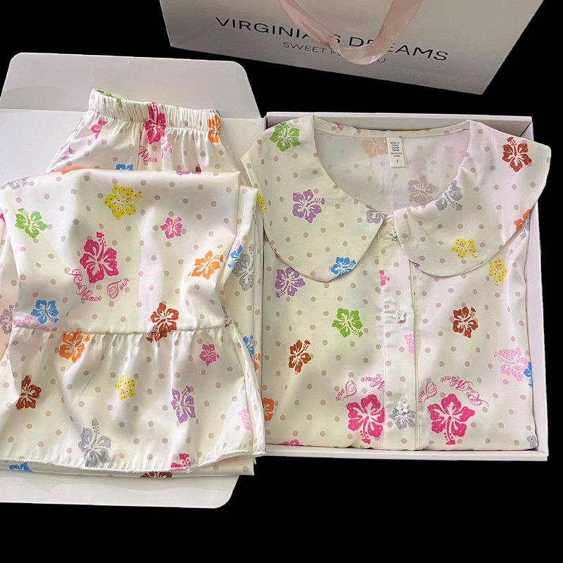 New spring and autumn ice silk long-sleeve and long-pants pajama set for women, suitable for outdoor wear, with hibiscus flower design, Korean style, for young girls New spring and autumn ice silk long-sleeve and long-pants pajama set for women, suitable for outdoor wear, with hibiscus flower design, Korean style, for young girls