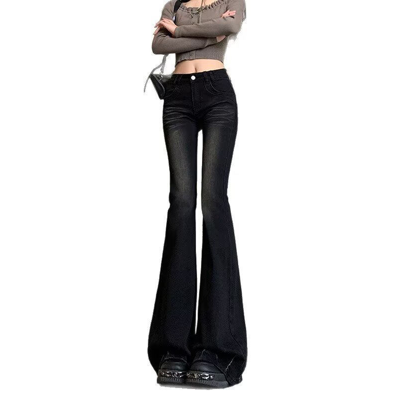 American-style black high-waisted washed micro-flared jeans for women, new summer elastic slim-fit bootcut pants American-style black high-waisted washed micro-flared jeans for women, new summer elastic slim-fit bootcut pants