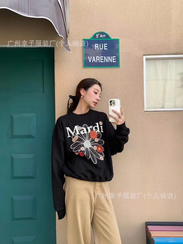 韩国Mardi卫衣赵露思同款小雏菊腊肠狗女秋冬刺绣印花套头圆领外|undefined