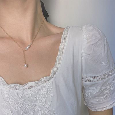 洗澡不用摘小衆設計ins冷淡風y型珍珠美國14K包金可調節鎖骨項鏈