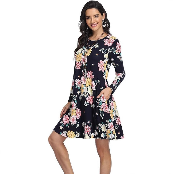 European and American Flower Women's Casual T-shirt dress Loose Long Sleeve with Pocket Swinging dress Amazon Cross