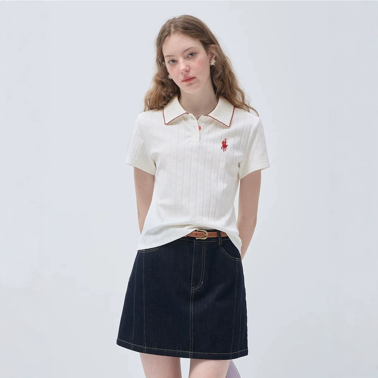 小马刺绣Polo领针织T恤女针织短袖Polo衫女夏季微胖mm白色上衣