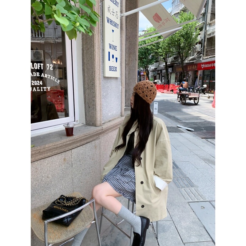 现货实拍 韩系复古百搭小立领卡其色中长款风衣女宽松休闲外套ins|undefined