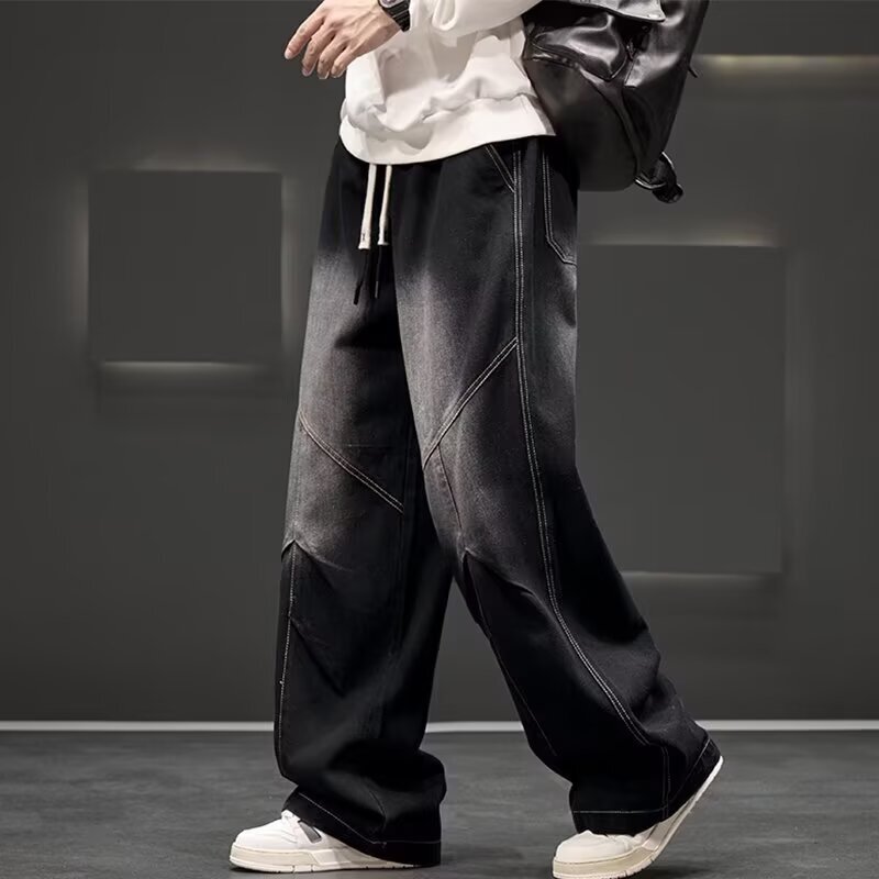 Handsome Jeans Men's Spring and Autumn Hong Kong Style High Street Wide Faded Pants Large Size Loose Cargo Pants Students Autumn and Winter Casual Pants