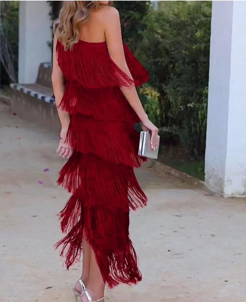 2024 Spring Summer New European And American Foreign Trade Fashion Tassel Asymmetric Off-Shoulder Dress Evening Gown_ecoleips.com