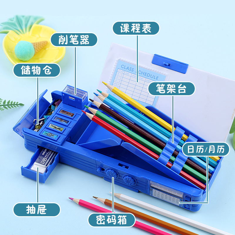 Caja de papelería con bloqueo de contraseña, botón multifunción, caja de lápices de gran capacidad de doble cara, dinosaurio, escuela primaria, niño, niña, jardín de infancia