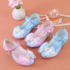 2025新款蕾丝蝴蝶结女童鞋儿童高跟公主单鞋时尚韩版亮片彩虹色鞋