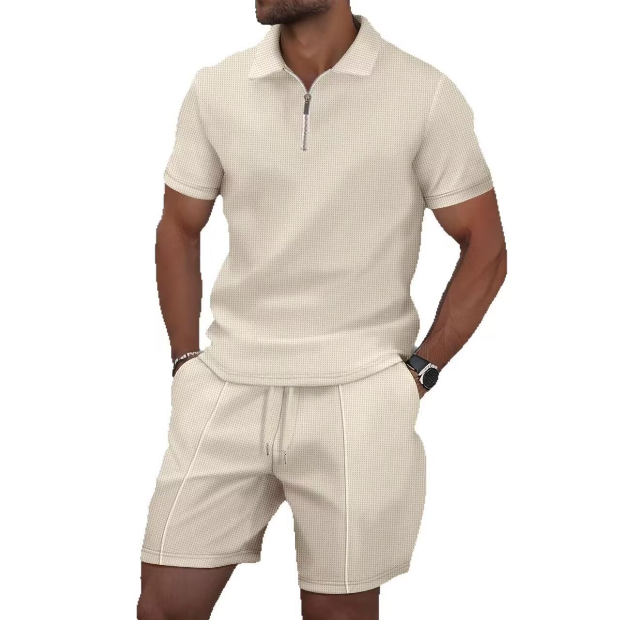 Casual sportswear set polo met wafelstructuur voor heren_voghion.com