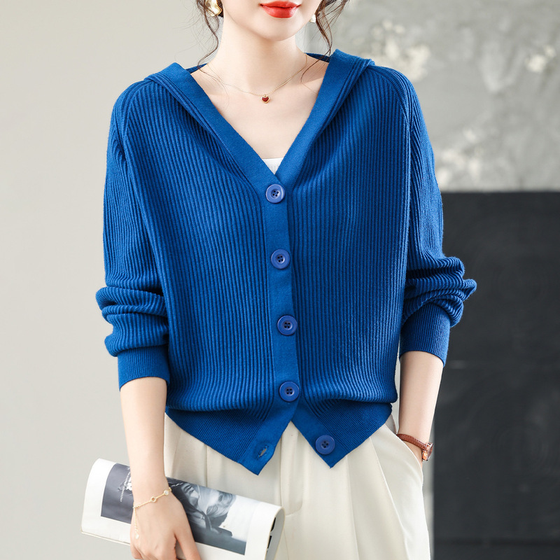 2025 Autumn Bat Sleeve Knitted Cardigan Women's New Outerwear Long Sleeve Hooded Bat Shirt Loose Sweater Women's Jacket