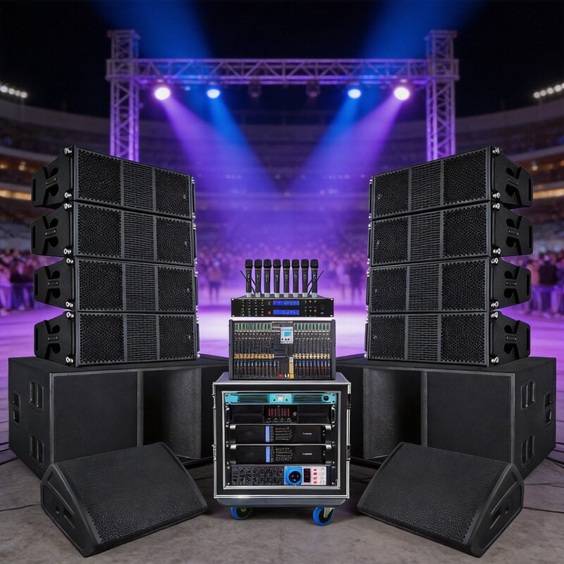 Professional audio equipment for large-scale events in squares, linear array speakers, matching power amplifiers, mixing consoles, and monitor microphones