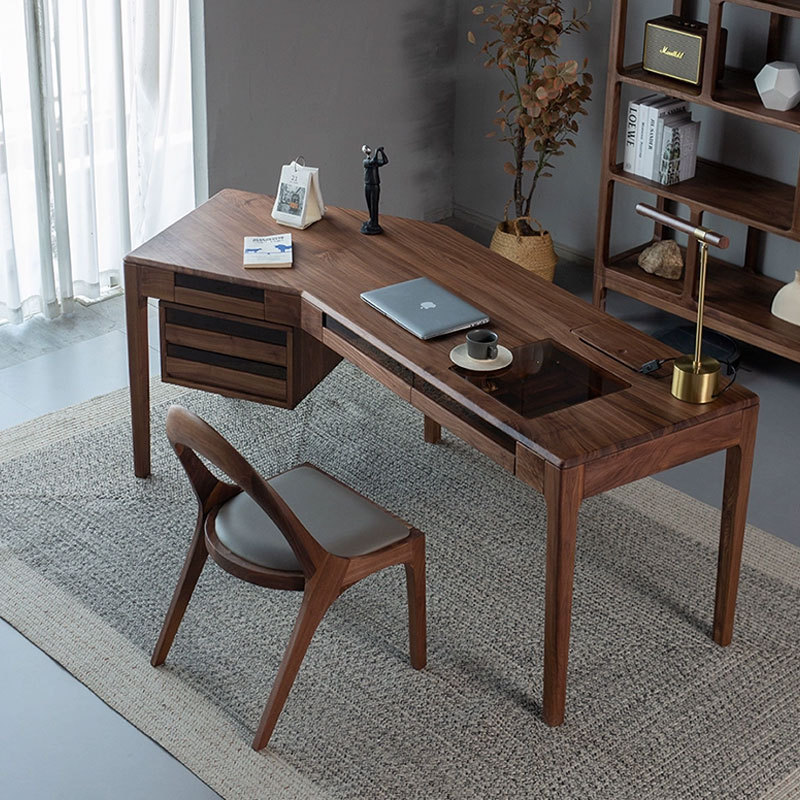 North American Black Walnut Desk, Light Luxury Solid Wood Office Desk, Modern Minimalist Corner Office Desk, Study Room Computer Drawer Desk
