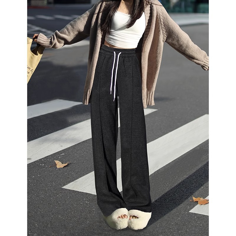 Pantalones de piernas anchas blancas de herringbone para mujeres primavera y otoño 2024 nuevo estilo alargado otoño y invierno grueso de cintura alta pantalones de lana