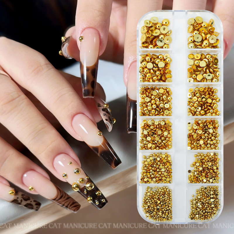 Cross-Border Hot-Selling 12-Compartment Mixed Gold and Silver Semi-Circle Pearl Metal Nail Art Decorations, Trendy Alloy Accessories