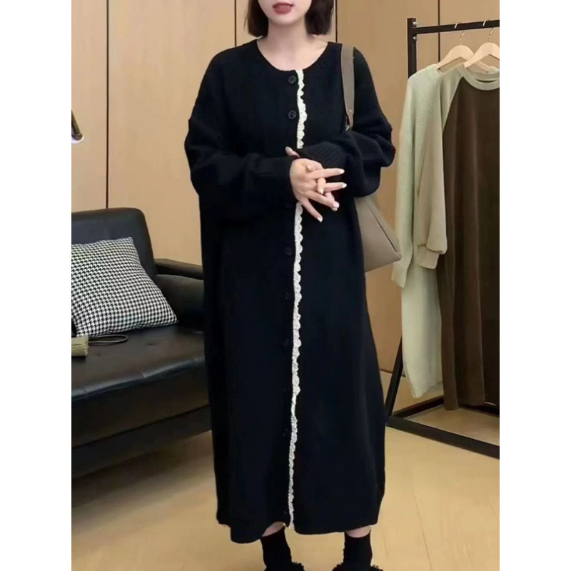 Japanese Retro Lazy Style Round Neck Long-Sleeved Knitted Cardigan Dress Women's Autumn and Winter Design Loose Long Skirt