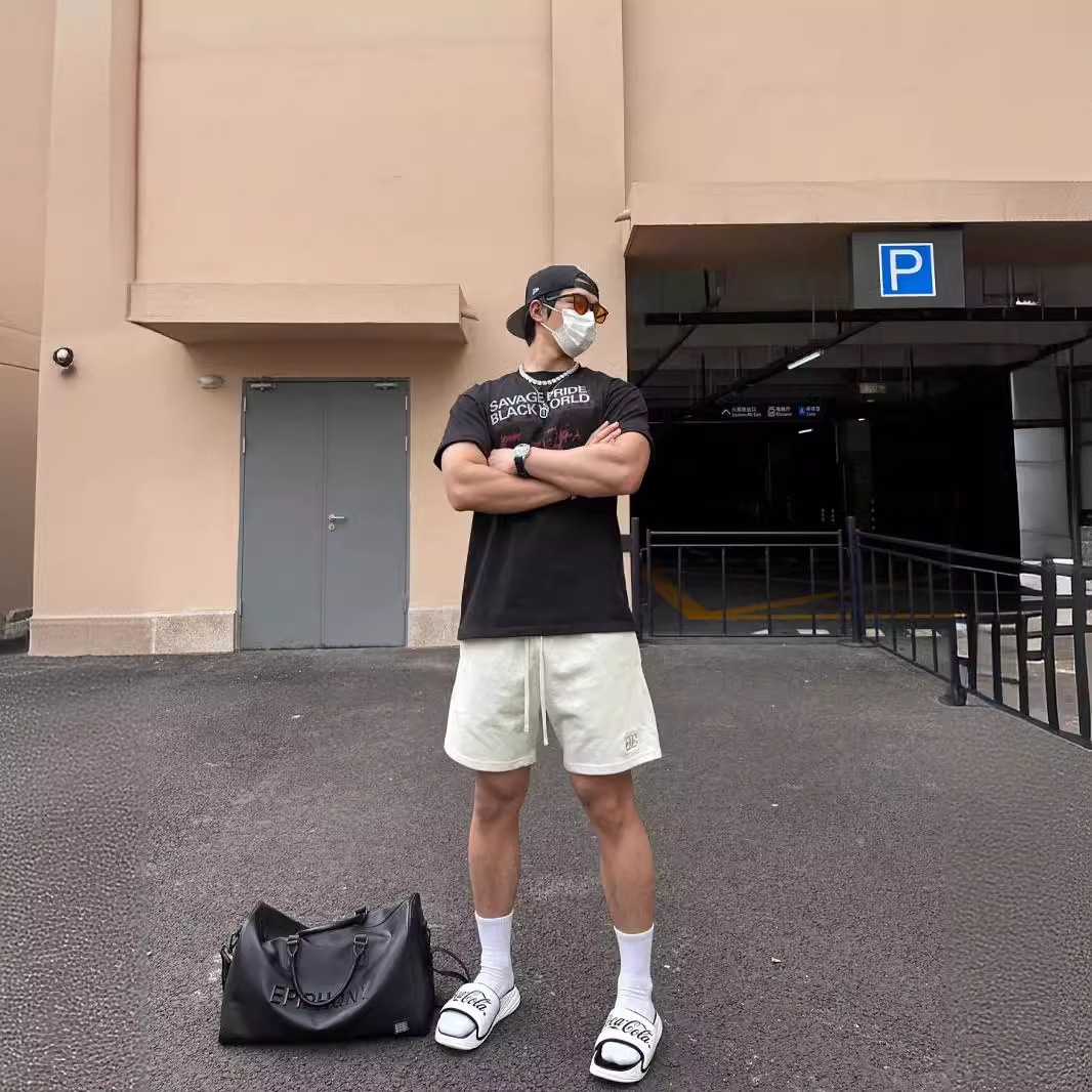 Pantalones cortos deportivos con bordado de letras de marca de moda de verano para hombres, casual americano, cintura elástica de algodón guapo, pantalones harem, marea fina