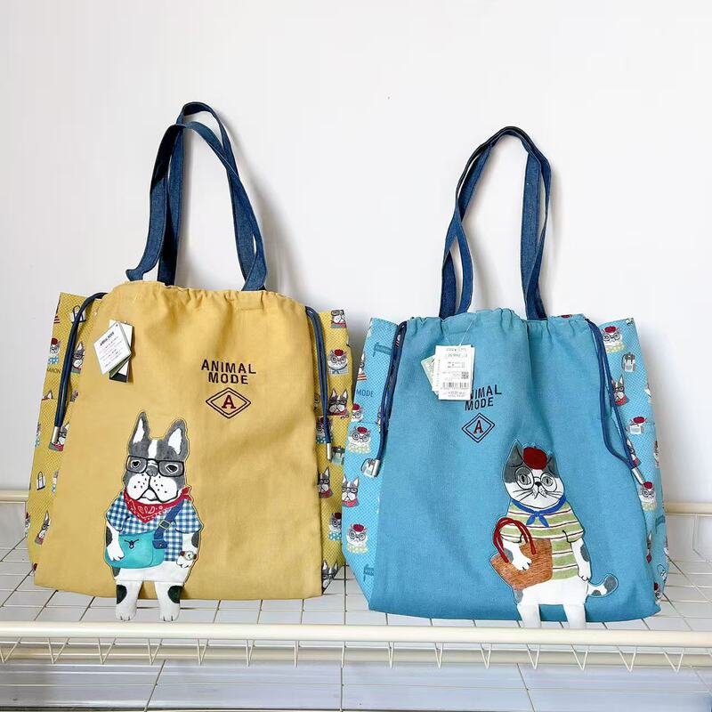 Japanese Kusuguru Authentic Embroidered Cat French Bulldog Shoulder Bag Handbag Drawstring Bag Shopping 502