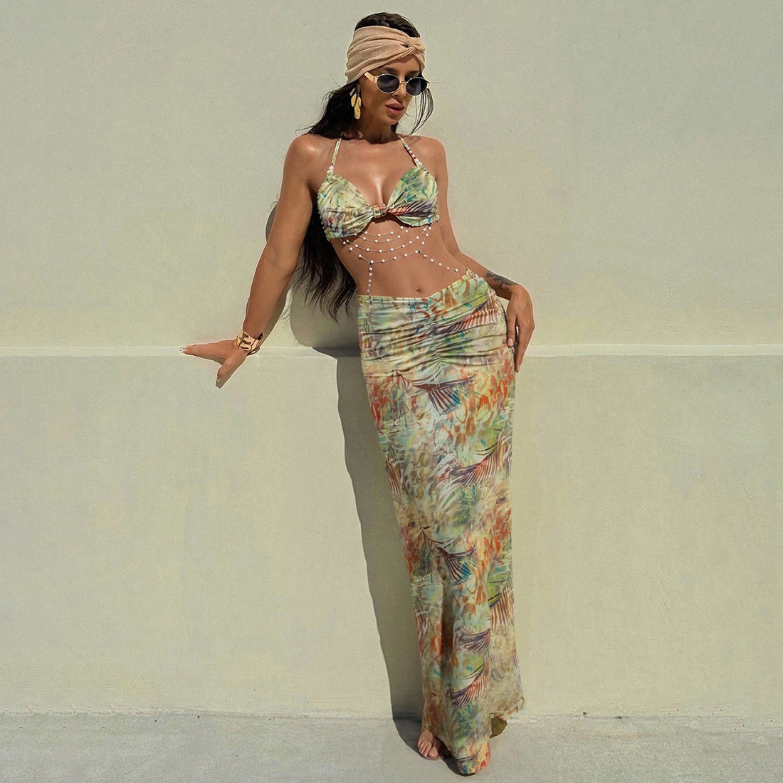 Women's Sexy Halter Tie Beaded Chain Backless Bodycon Maxi Dress – Spring Party Gown_ecoleips.com
