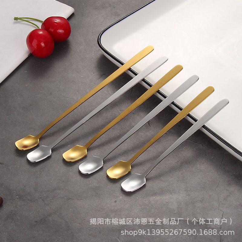 스테인레스 스틸 스퀘어 헤드 스푼 황금 커피 스푼 디저트 꿀 숟가락 약 파우더 스푼 도매 긴 손잡이 유리 컵 작은 숟가락