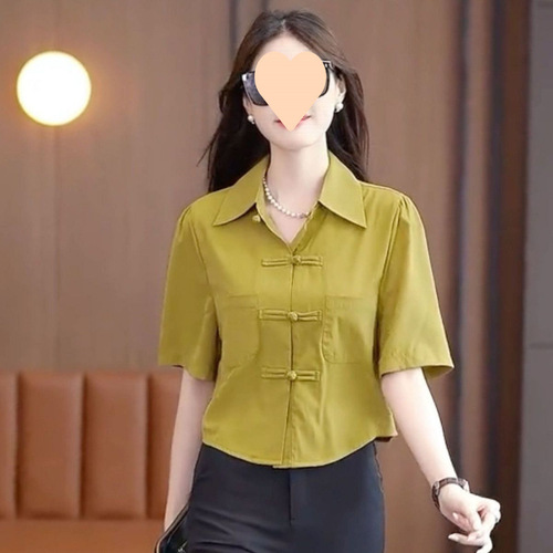 Women's Summer 2025 Retro Chiffon Shirt with National Style Buttoned Collar, Bubble Sleeve Short Top, Plain Color European Style