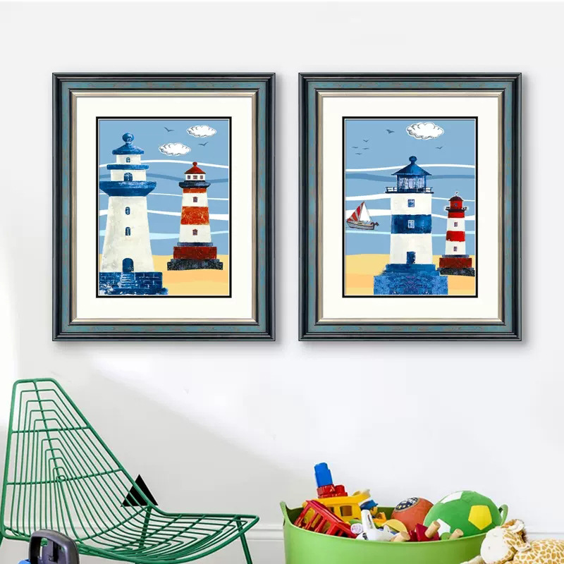 Modern minimalist American children's room boy bedroom wall mural lighthouse sailing boat hanging painting Mediterranean bedside decorative painting