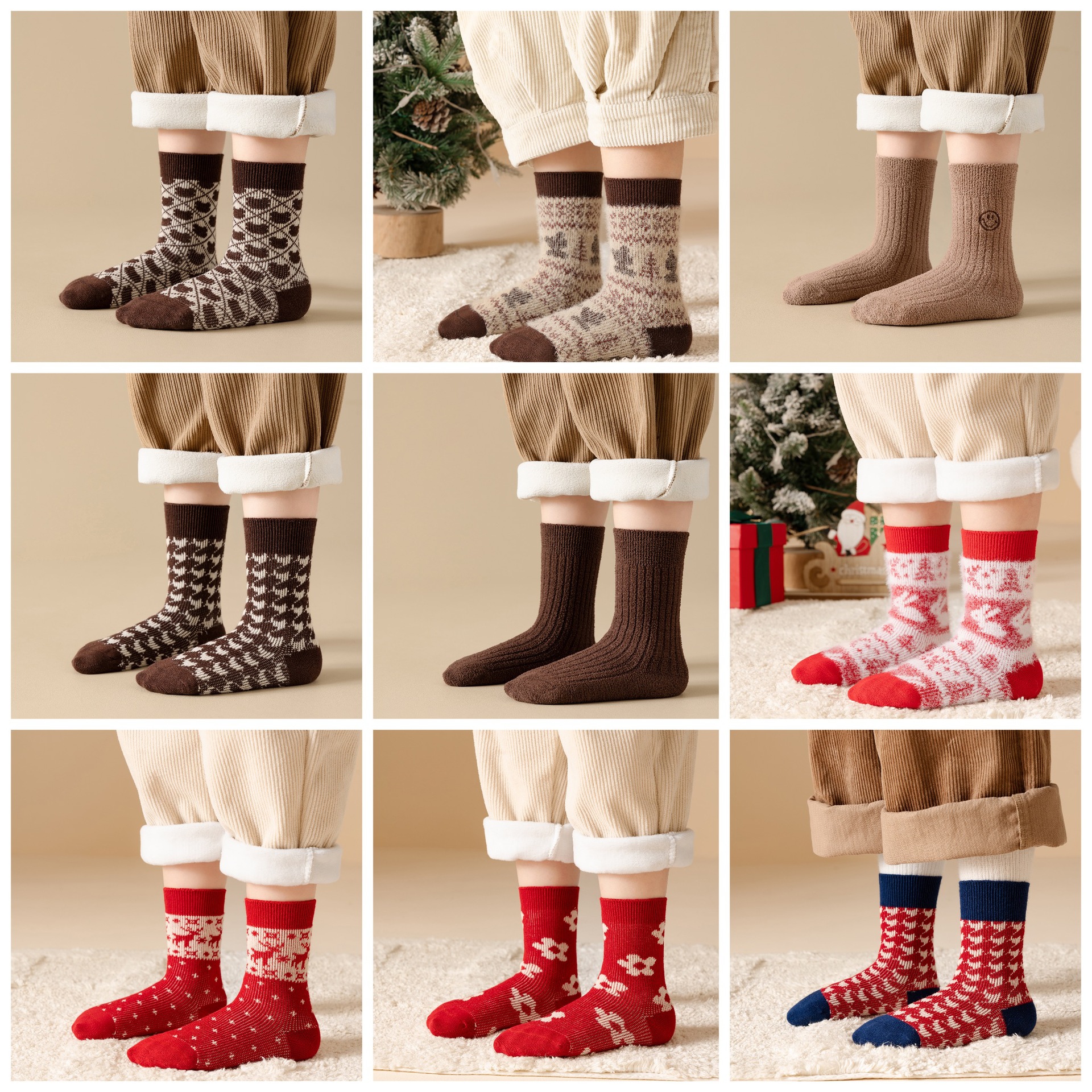 冬季新款双针双路儿童男童女童无骨中筒日系复古千鸟咖色袜子批发