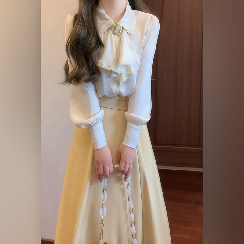 春季新款设计感蝴蝶结长袖衬衫+高腰显瘦半身裙时尚两件套装裙子|undefined