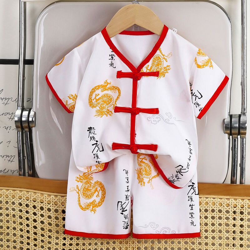 Baby Boy Summer Hanfu Toddler Set: Vest, Shorts, Short-Sleeve Two-Piece Outfit, First Birthday Gift, Tang Suit, Chinese Style Set