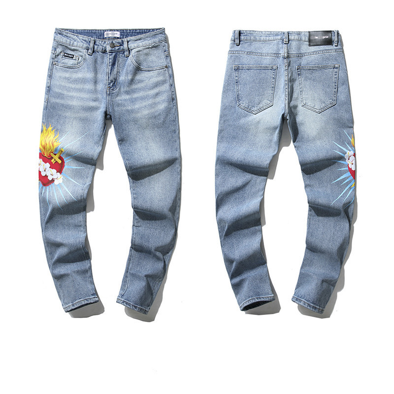 24 cross-border European and American fashion brand Palm Angel flame red heart printed jeans men's and women's high street casual Denim trousers