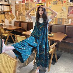 夏の新しい韓国スタイルのハイウエスト痩身ドレープ年齢軽減ワイドレッグパンツブルードーパミンプリントオーバーオール女性用
