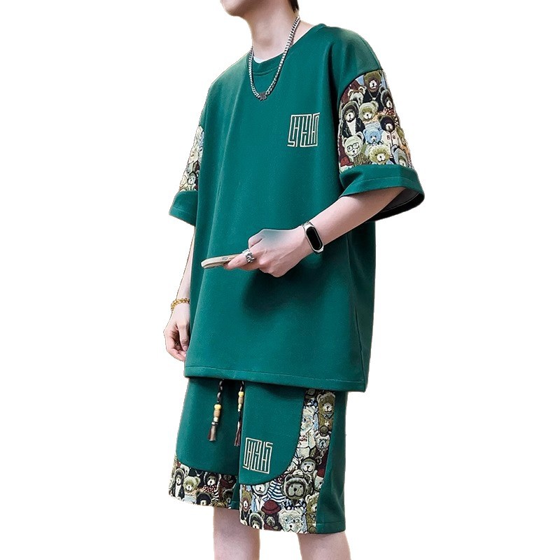 Chinese Style Embroider Splicing Three-Quarter Sleeve Men's Summer Short-Sleeved Suit Chinese Style Trendy Casual Shorts Men's T-Shirt