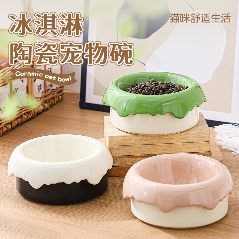 Cross-border creative ice cream ceramic cat bowl pet bowl high foot anti-knock cat food bowl dog food bowl neck protection drinking water