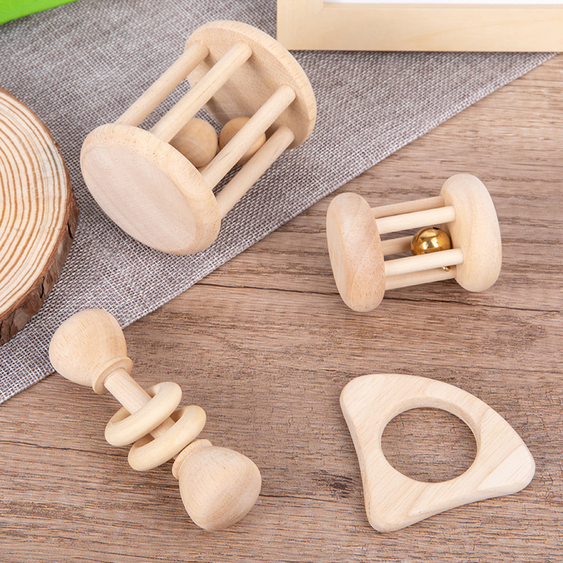 Bebés de madera con timbres de madera de mano set 0.18 educación temprana agarrar sonido calmante set de juguetes de cuatro partes