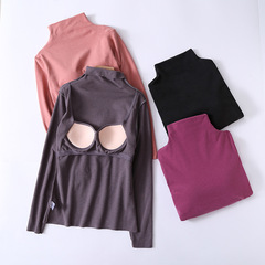 Women's winter autumn clothing with breast pads and velvet thermal underwear top with small half turtleneck and no need to wear bra and cup all-in-one