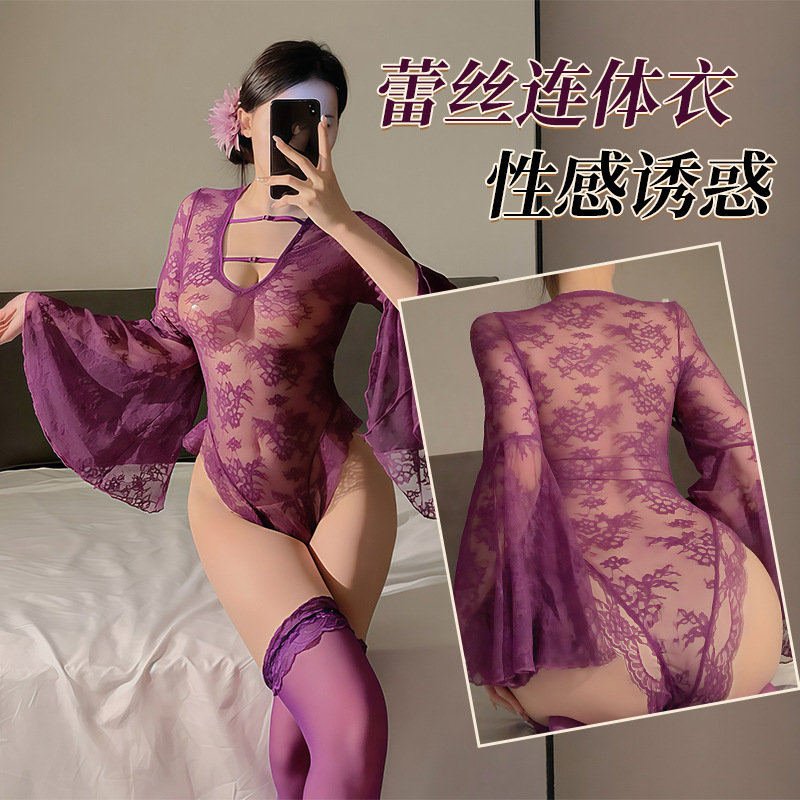 새로운 섹시한 속옷, 섹시한 시스루 순수한 욕망 트럼펫 슬리브 레이스 잠옷, 딥 V 중공 미드나잇 점프수트