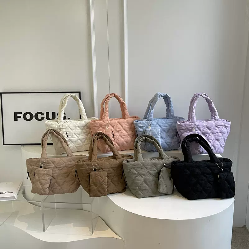 菱格棉服包大容量轻便托特女包新款洋气车缝线单肩两件套子母包包