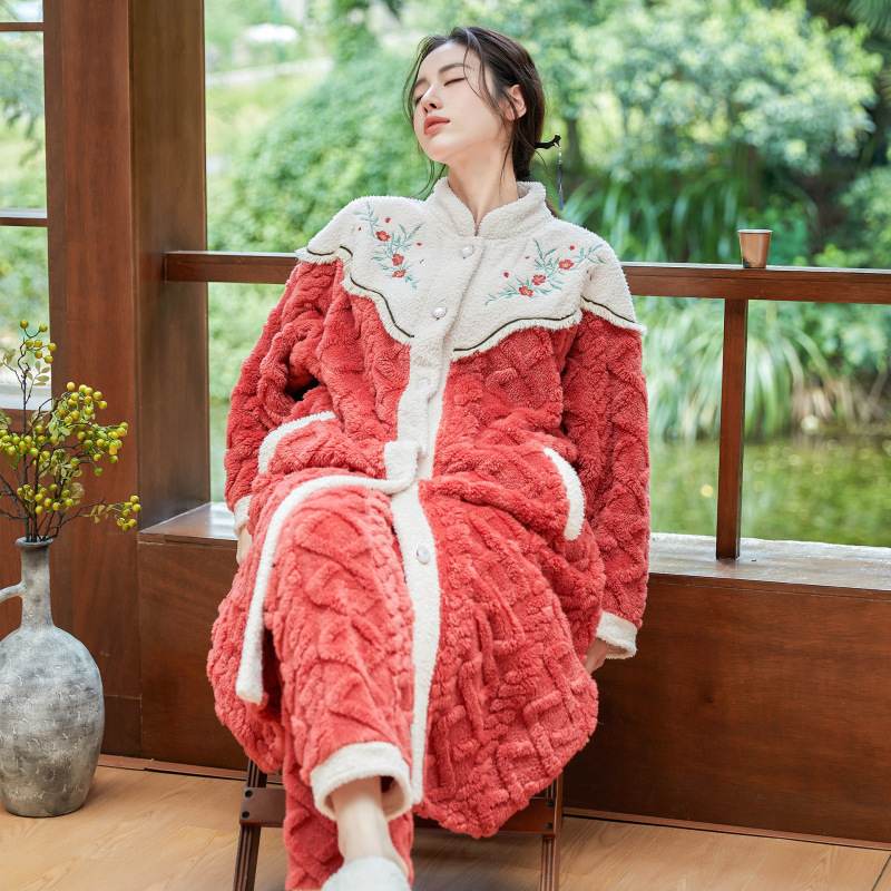 新中式国风睡衣女秋冬款加绒加厚珊瑚绒睡袍柔软家居服套装可外穿|undefined