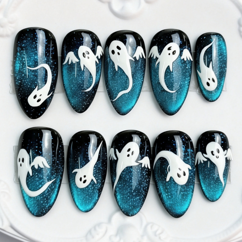 Black and blue gradient fine glitter cat-eye Halloween press-on nails, simple and cute white ghost design, 30 pieces, European and American fashion nail art Black and blue gradient fine glitter cat-eye Halloween press-on nails, simple and cute white ghost design, 30 pieces, European and American fashion nail art